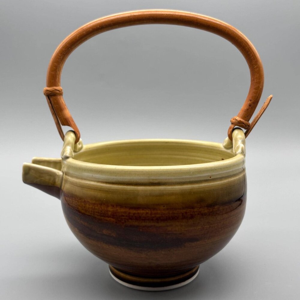 Vintage Studio Pottery Handled Bowl Brown And Green Glaze Stoneware Serving Bowl